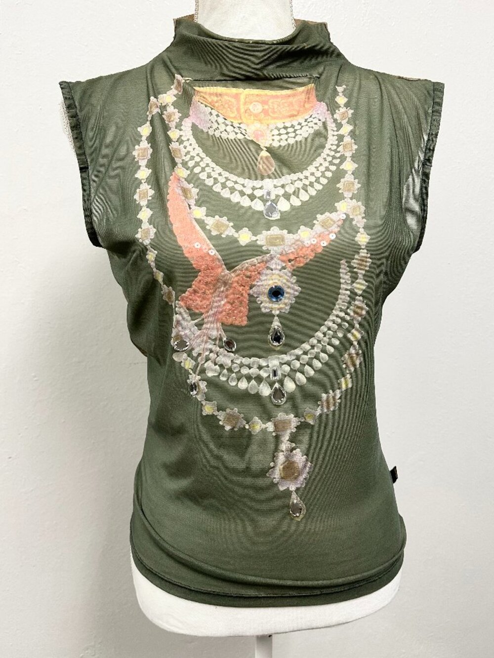 Y2K Just Cavalli Jeweled Layered Necklace Mesh Tank Top Size L